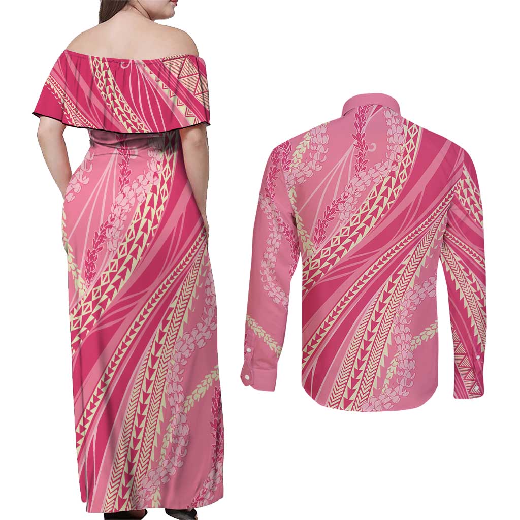 Polynesian Puakeniken Pikake Twisted Lei Couples Matching Off Shoulder Maxi Dress and Long Sleeve Button Shirt Rose Pink LT7 - Polynesian Pride