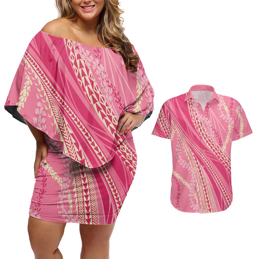 Polynesian Puakeniken Pikake Twisted Lei Couples Matching Off Shoulder Short Dress and Hawaiian Shirt Rose Pink LT7 Rose Pink - Polynesian Pride