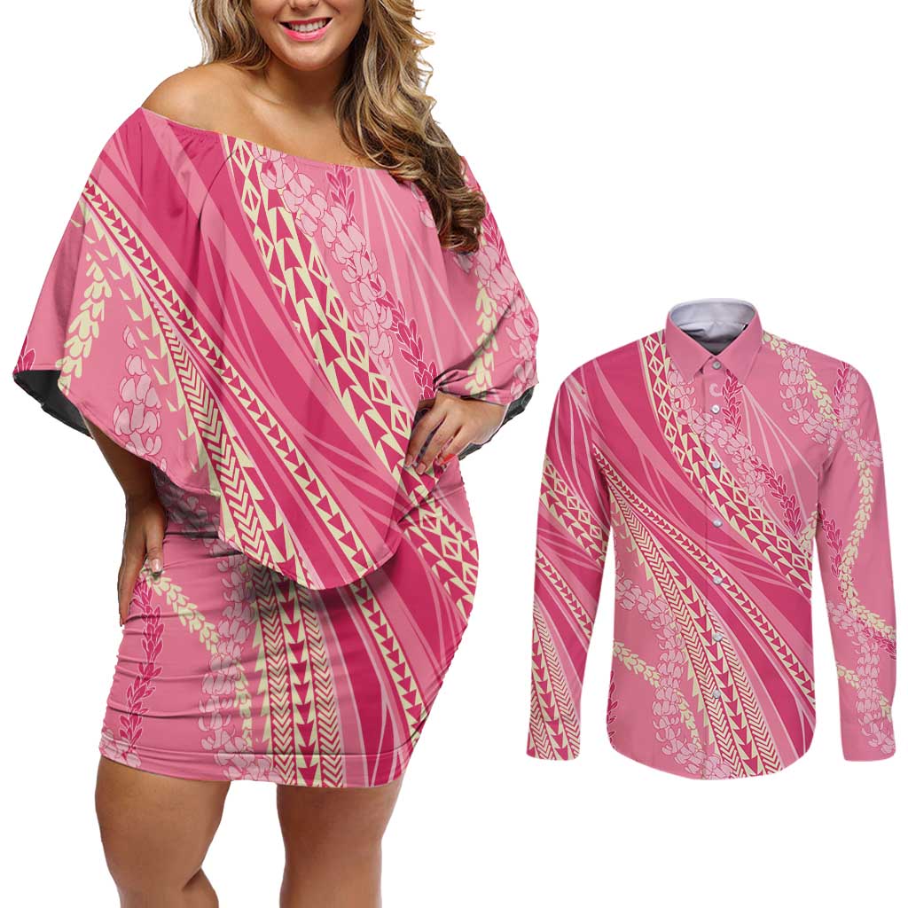 Polynesian Puakeniken Pikake Twisted Lei Couples Matching Off Shoulder Short Dress and Long Sleeve Button Shirt Rose Pink LT7 Rose Pink - Polynesian Pride