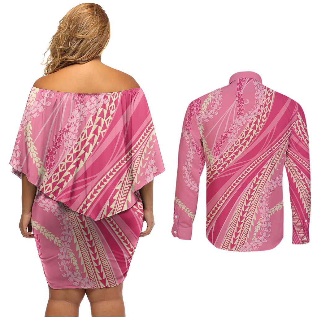 Polynesian Puakeniken Pikake Twisted Lei Couples Matching Off Shoulder Short Dress and Long Sleeve Button Shirt Rose Pink LT7 - Polynesian Pride