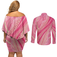 Polynesian Puakeniken Pikake Twisted Lei Couples Matching Off Shoulder Short Dress and Long Sleeve Button Shirt Rose Pink LT7 - Polynesian Pride