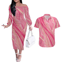 Polynesian Puakeniken Pikake Twisted Lei Couples Matching Off The Shoulder Long Sleeve Dress and Hawaiian Shirt Rose Pink LT7 Rose Pink - Polynesian Pride