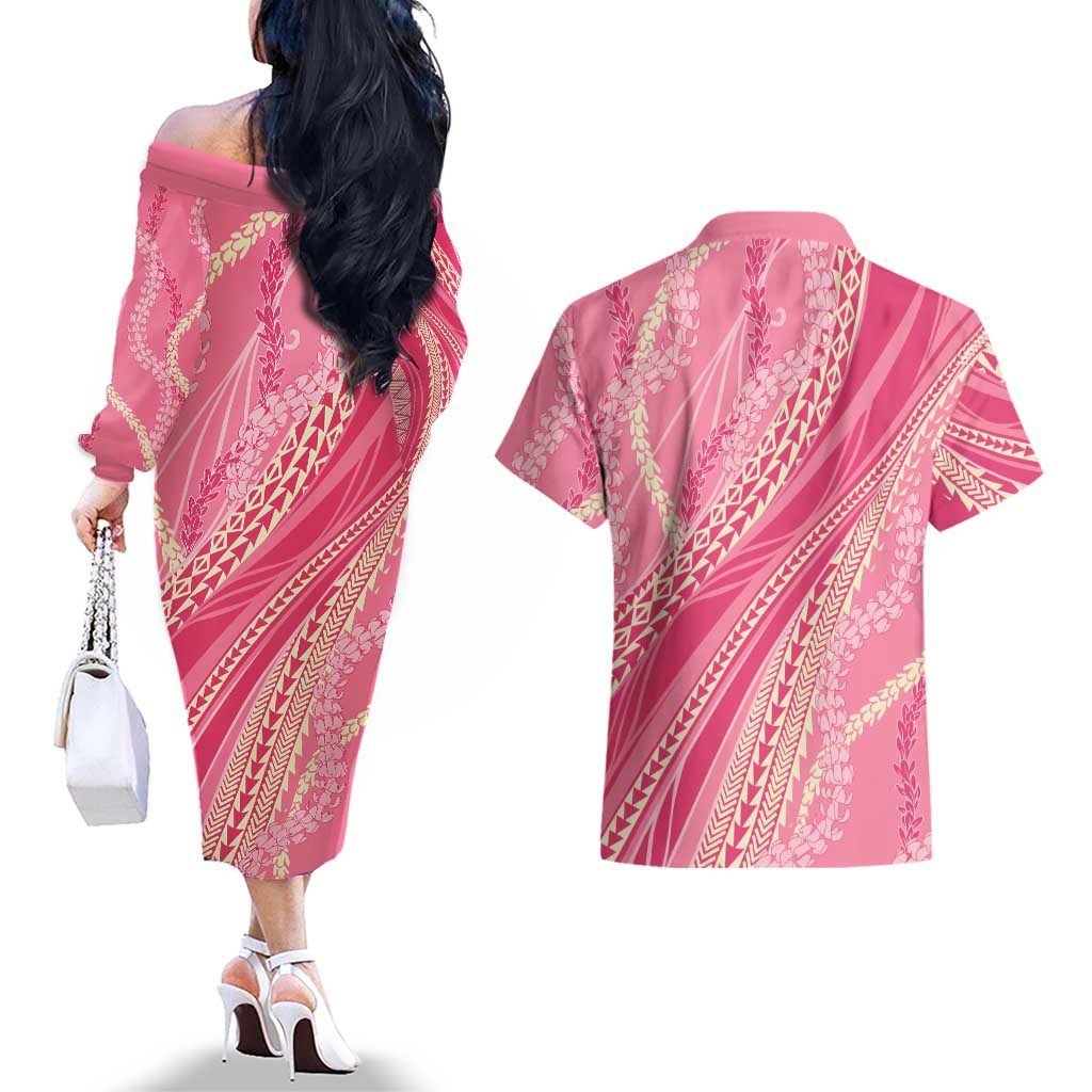 Polynesian Puakeniken Pikake Twisted Lei Couples Matching Off The Shoulder Long Sleeve Dress and Hawaiian Shirt Rose Pink LT7 - Polynesian Pride