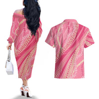 Polynesian Puakeniken Pikake Twisted Lei Couples Matching Off The Shoulder Long Sleeve Dress and Hawaiian Shirt Rose Pink LT7 - Polynesian Pride