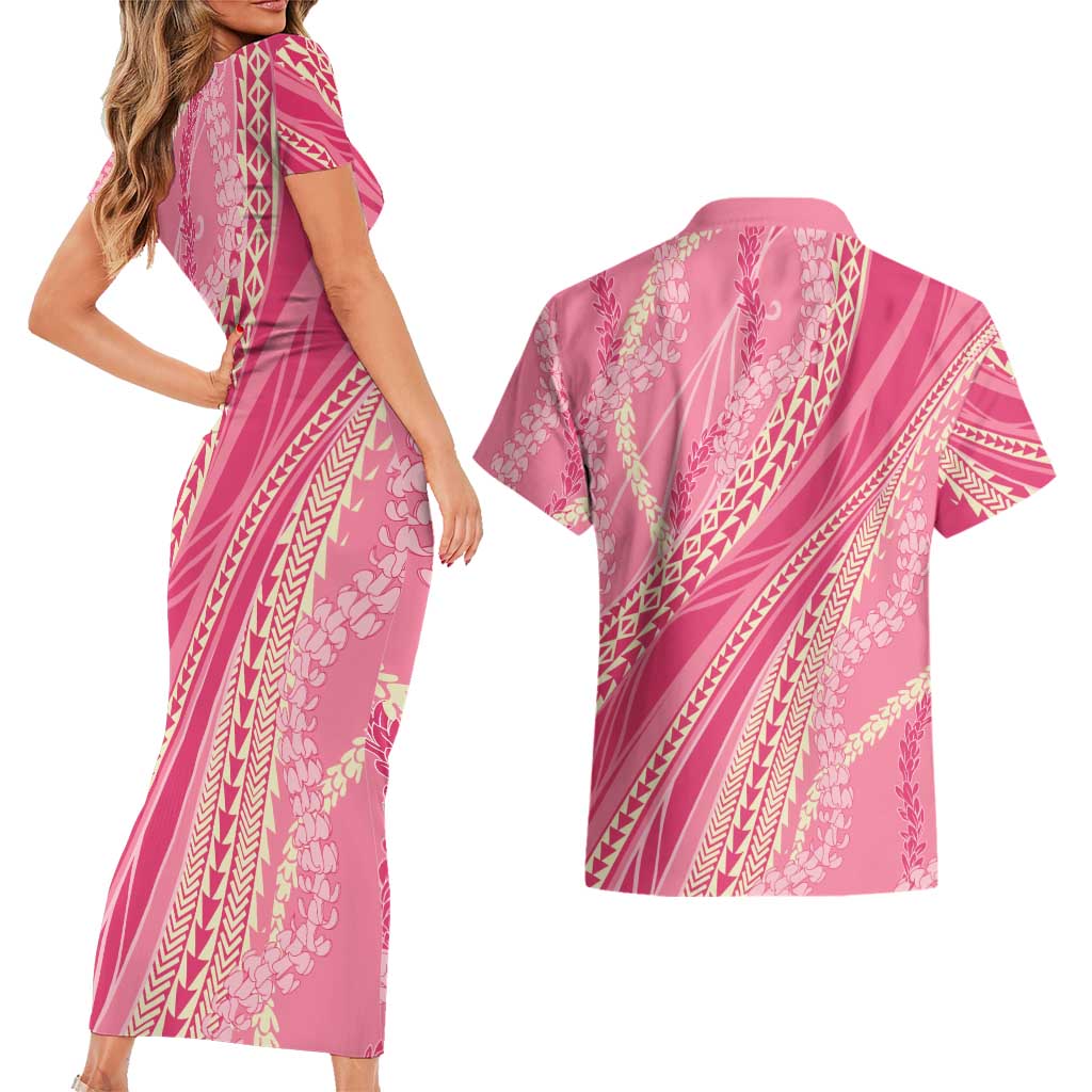 Polynesian Puakeniken Pikake Twisted Lei Couples Matching Short Sleeve Bodycon Dress and Hawaiian Shirt Rose Pink LT7 - Polynesian Pride