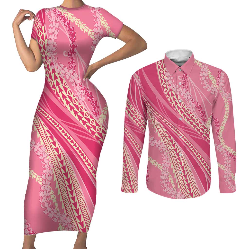 Polynesian Puakeniken Pikake Twisted Lei Couples Matching Short Sleeve Bodycon Dress and Long Sleeve Button Shirt Rose Pink LT7 Rose Pink - Polynesian Pride