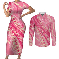Polynesian Puakeniken Pikake Twisted Lei Couples Matching Short Sleeve Bodycon Dress and Long Sleeve Button Shirt Rose Pink LT7 Rose Pink - Polynesian Pride