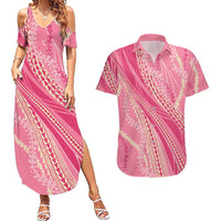 Polynesian Puakeniken Pikake Twisted Lei Couples Matching Summer Maxi Dress and Hawaiian Shirt Rose Pink LT7 Rose Pink - Polynesian Pride
