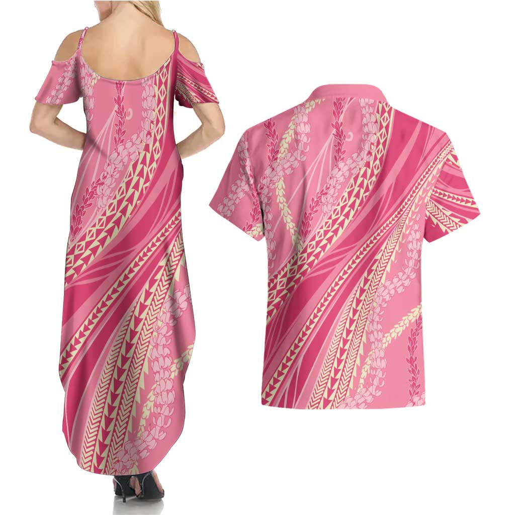 Polynesian Puakeniken Pikake Twisted Lei Couples Matching Summer Maxi Dress and Hawaiian Shirt Rose Pink LT7 - Polynesian Pride