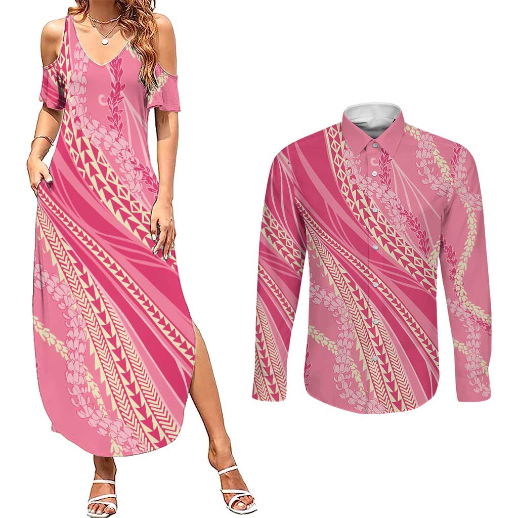 Polynesian Puakeniken Pikake Twisted Lei Couples Matching Summer Maxi Dress and Long Sleeve Button Shirt Rose Pink LT7 Rose Pink - Polynesian Pride