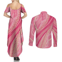Polynesian Puakeniken Pikake Twisted Lei Couples Matching Summer Maxi Dress and Long Sleeve Button Shirt Rose Pink LT7 - Polynesian Pride