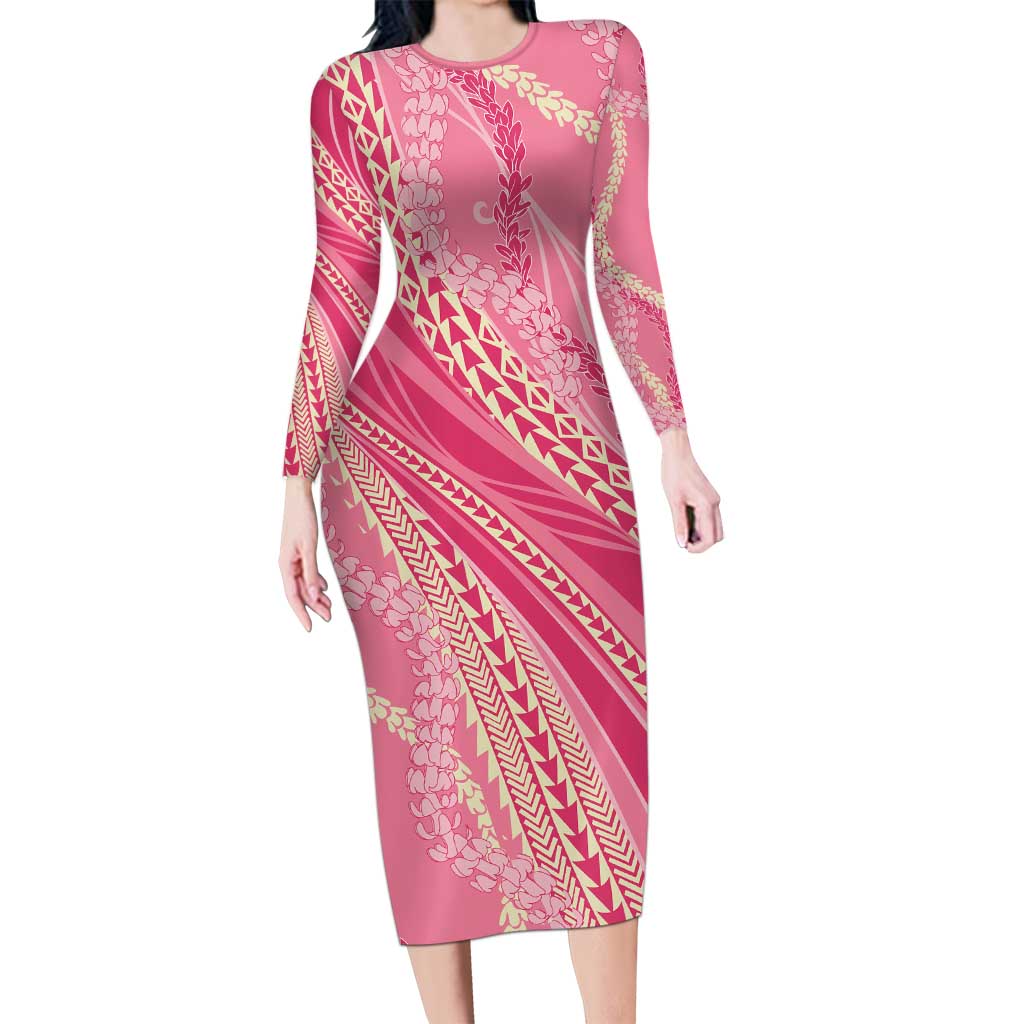 Polynesian Puakeniken Pikake Twisted Lei Family Matching Long Sleeve Bodycon Dress and Hawaiian Shirt Rose Pink LT7 Mom's Dress Rose Pink - Polynesian Pride