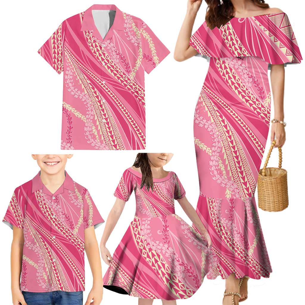 Polynesian Puakeniken Pikake Twisted Lei Family Matching Mermaid Dress and Hawaiian Shirt Rose Pink LT7 - Polynesian Pride