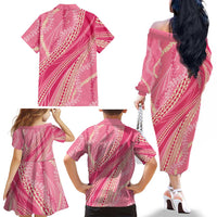 Polynesian Puakeniken Pikake Twisted Lei Family Matching Off The Shoulder Long Sleeve Dress and Hawaiian Shirt Rose Pink LT7 - Polynesian Pride