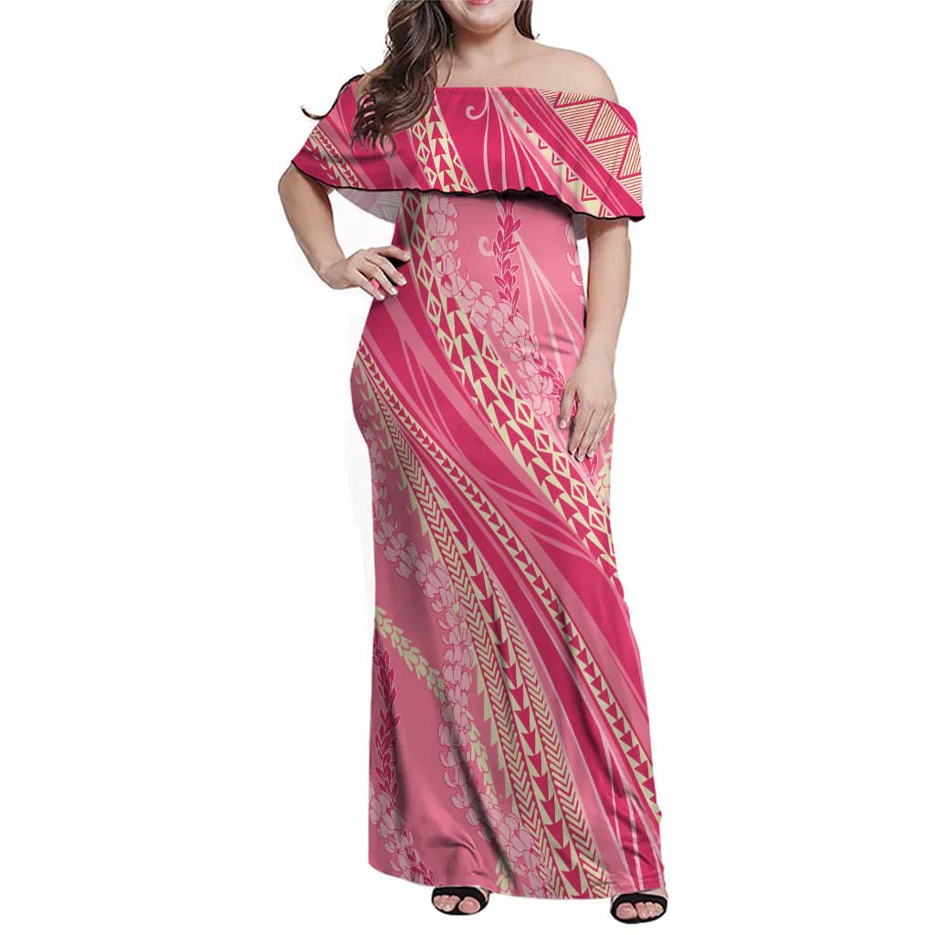 Polynesian Puakeniken Pikake Twisted Lei Family Matching Off Shoulder Maxi Dress and Hawaiian Shirt Rose Pink LT7 Mom's Dress Rose Pink - Polynesian Pride