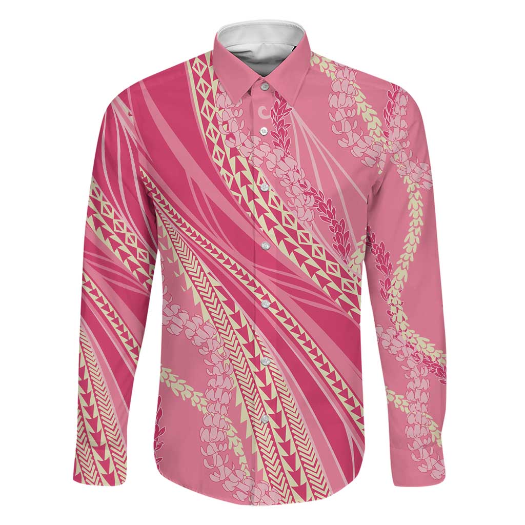 Polynesian Puakeniken Pikake Twisted Lei Family Matching Off Shoulder Short Dress and Hawaiian Shirt Rose Pink LT7 Dad's Shirt - Long Sleeve Rose Pink - Polynesian Pride