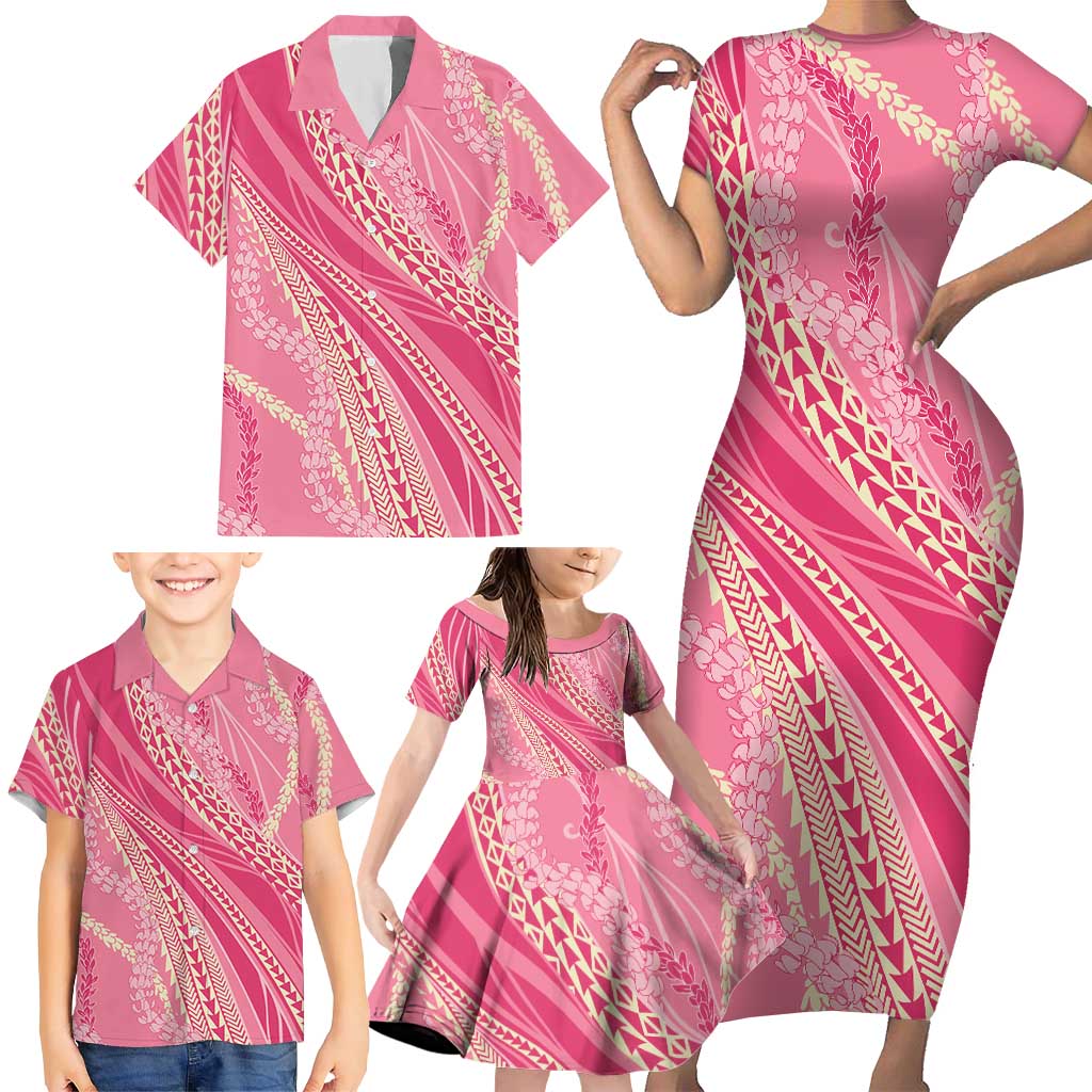 Polynesian Puakeniken Pikake Twisted Lei Family Matching Short Sleeve Bodycon Dress and Hawaiian Shirt Rose Pink - Polynesian Pride