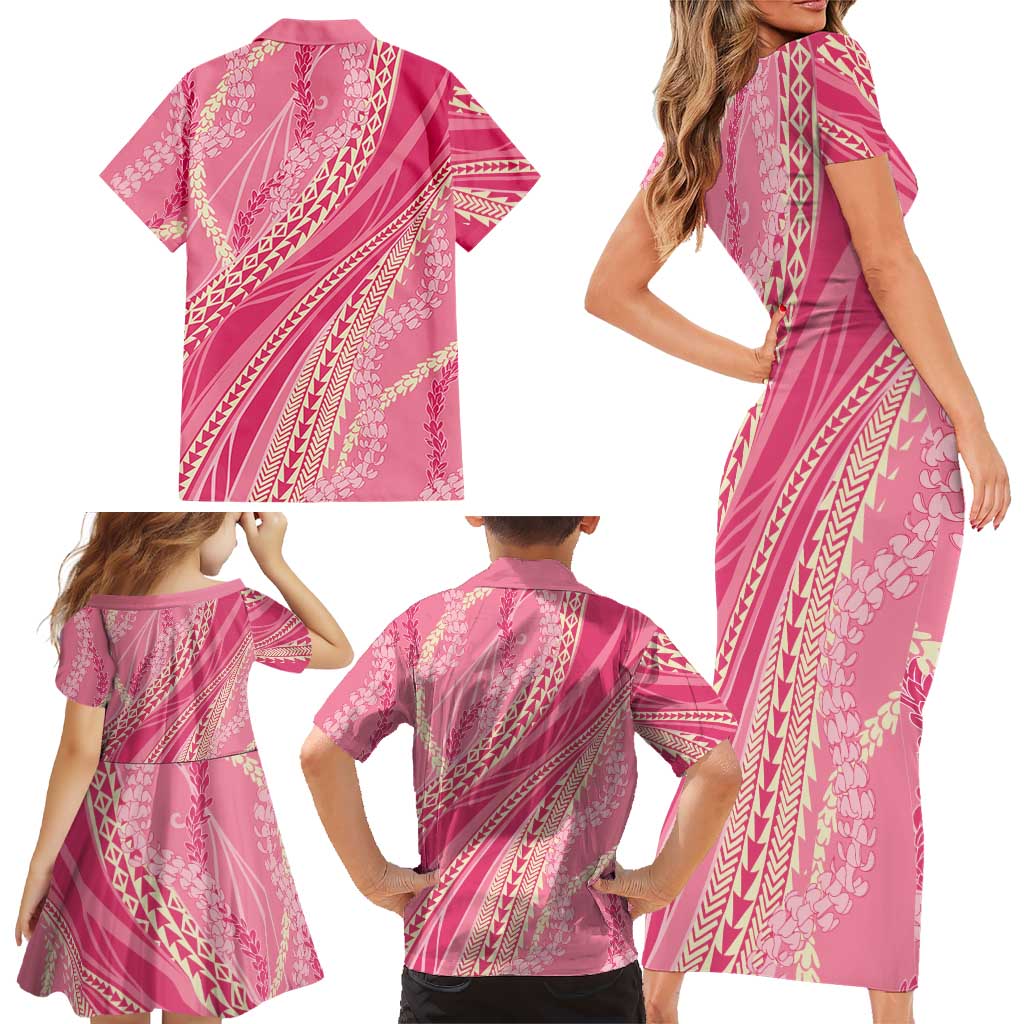 Polynesian Puakeniken Pikake Twisted Lei Family Matching Short Sleeve Bodycon Dress and Hawaiian Shirt Rose Pink LT7 - Polynesian Pride