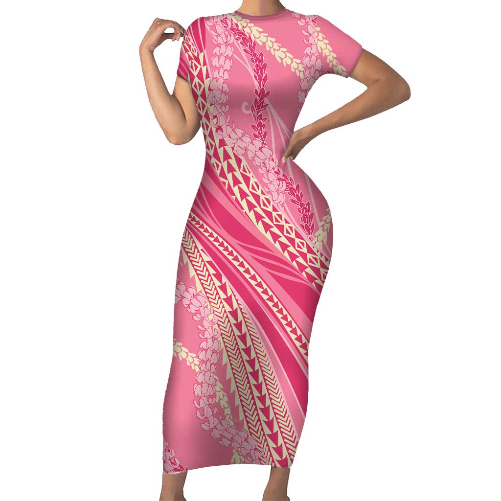 Polynesian Puakeniken Pikake Twisted Lei Family Matching Short Sleeve Bodycon Dress and Hawaiian Shirt Rose Pink LT7 Mom's Dress Rose Pink - Polynesian Pride