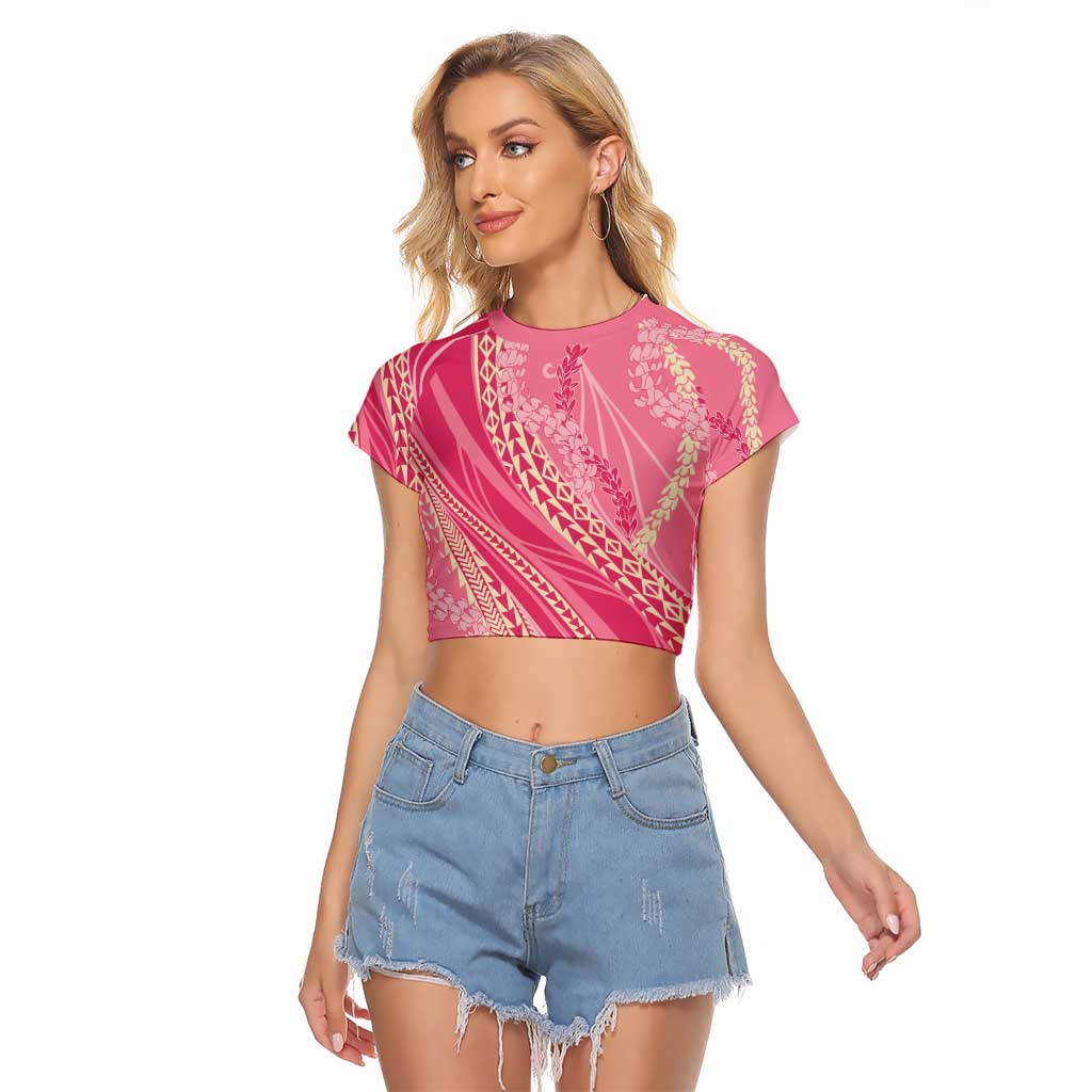 Polynesian Puakeniken Pikake Twisted Lei Raglan Cropped T Shirt Rose Pink - Polynesian Pride