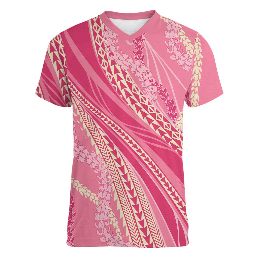 Polynesian Puakeniken Pikake Twisted Lei Women V-Neck T-Shirt Rose Pink - Polynesian Pride