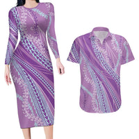 Polynesian Puakeniken Pikake Twisted Lei Couples Matching Long Sleeve Bodycon Dress and Hawaiian Shirt Amethys LT7 Amethys - Polynesian Pride