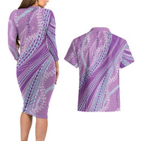 Polynesian Puakeniken Pikake Twisted Lei Couples Matching Long Sleeve Bodycon Dress and Hawaiian Shirt Amethys LT7 - Polynesian Pride