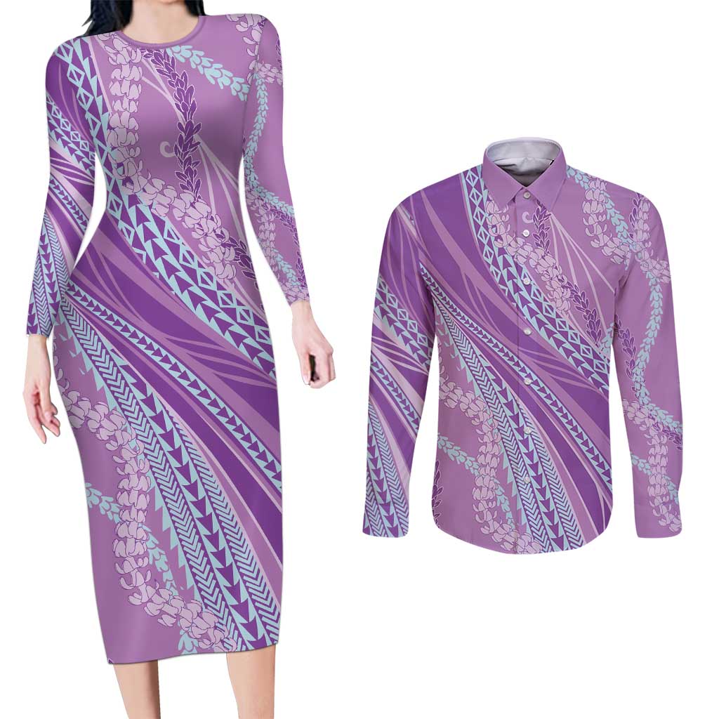 Polynesian Puakeniken Pikake Twisted Lei Couples Matching Long Sleeve Bodycon Dress and Long Sleeve Button Shirt Amethys LT7 Amethys - Polynesian Pride