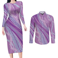 Polynesian Puakeniken Pikake Twisted Lei Couples Matching Long Sleeve Bodycon Dress and Long Sleeve Button Shirt Amethys LT7 Amethys - Polynesian Pride
