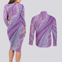 Polynesian Puakeniken Pikake Twisted Lei Couples Matching Long Sleeve Bodycon Dress and Long Sleeve Button Shirt Amethys LT7 - Polynesian Pride