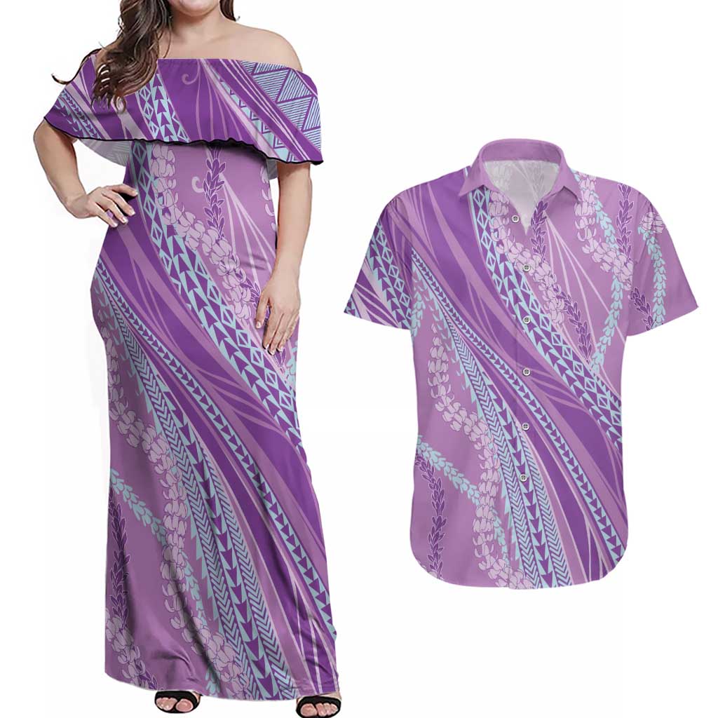 Polynesian Puakeniken Pikake Twisted Lei Couples Matching Off Shoulder Maxi Dress and Hawaiian Shirt Amethys LT7 Amethys - Polynesian Pride
