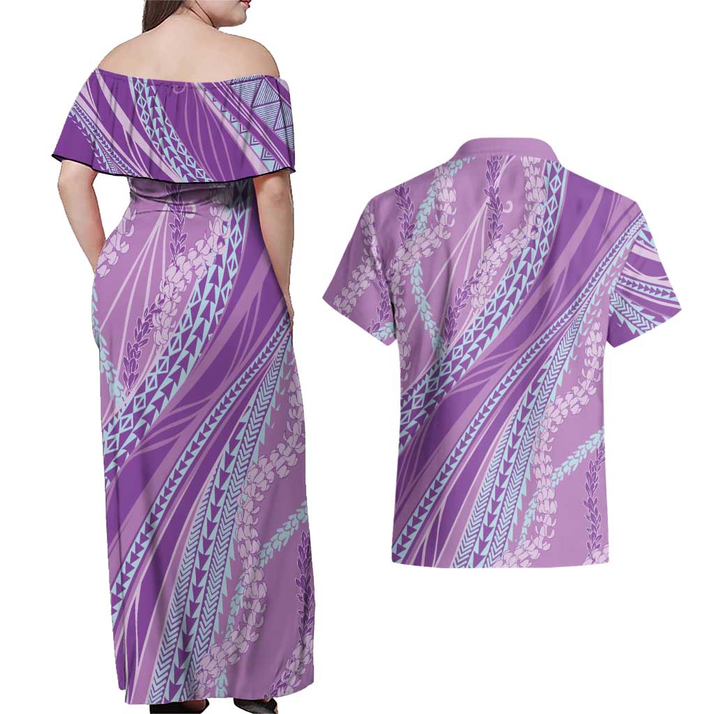 Polynesian Puakeniken Pikake Twisted Lei Couples Matching Off Shoulder Maxi Dress and Hawaiian Shirt Amethys LT7 - Polynesian Pride