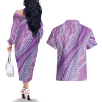 Polynesian Puakeniken Pikake Twisted Lei Couples Matching Off The Shoulder Long Sleeve Dress and Hawaiian Shirt Amethys LT7 - Polynesian Pride