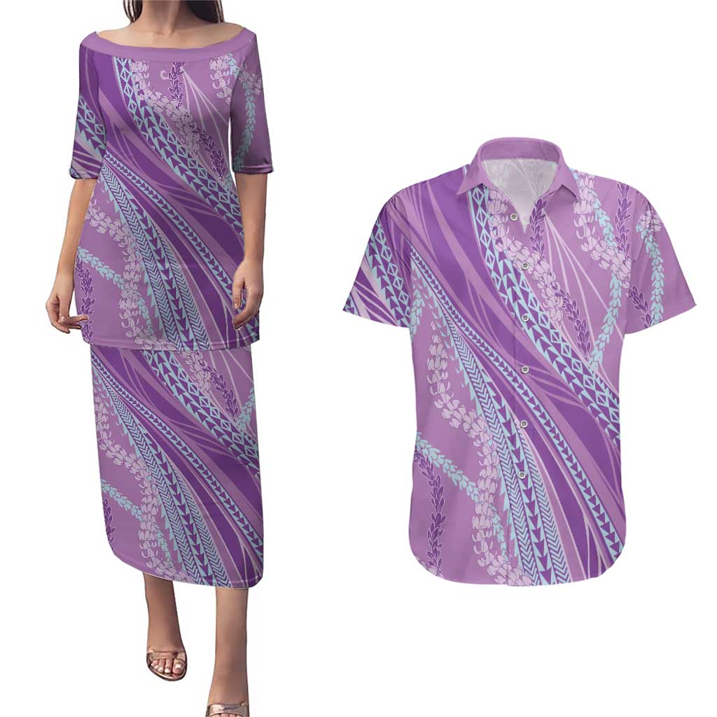 Polynesian Puakeniken Pikake Twisted Lei Couples Matching Puletasi and Hawaiian Shirt Amethys LT7 Amethys - Polynesian Pride