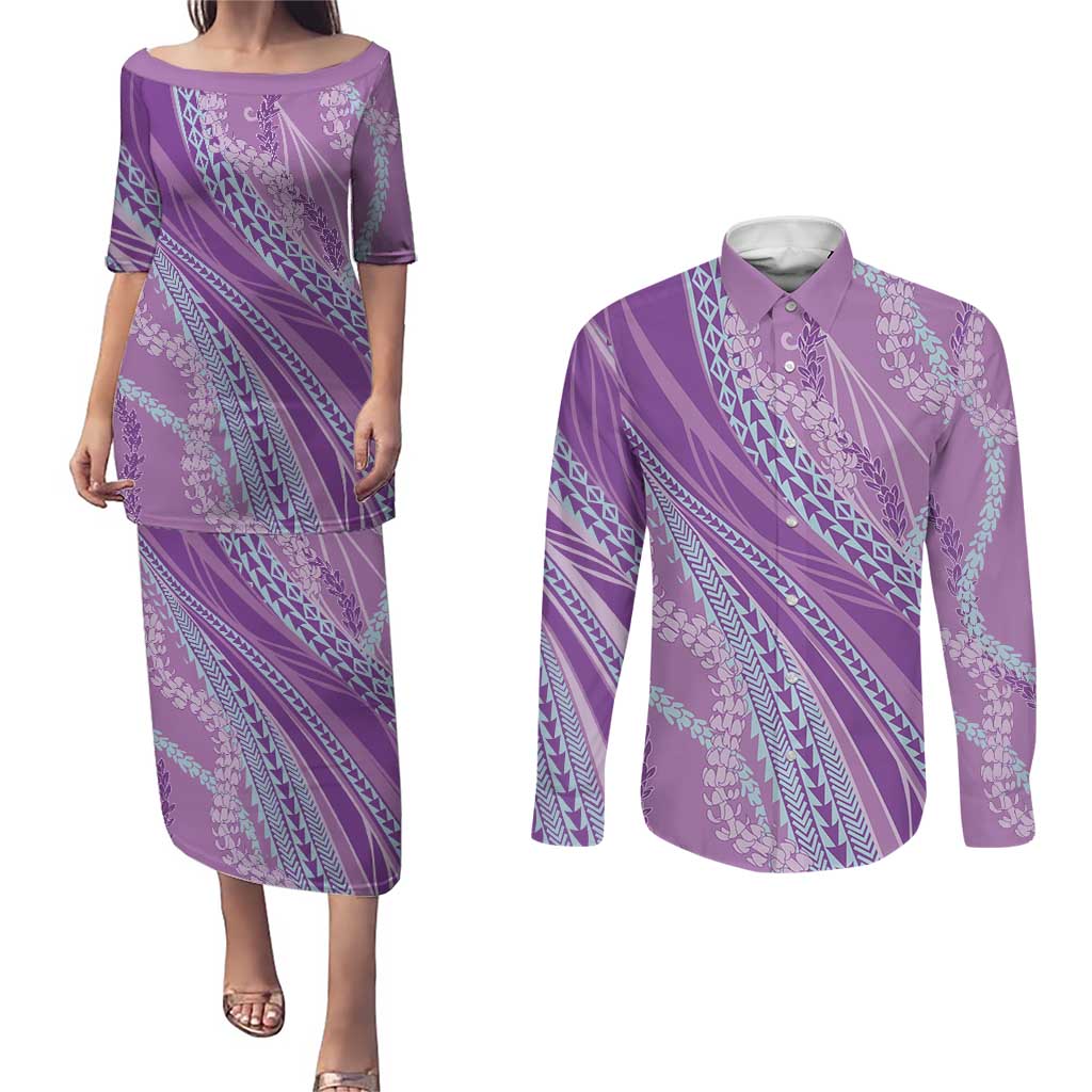 Polynesian Puakeniken Pikake Twisted Lei Couples Matching Puletasi and Long Sleeve Button Shirt Amethys - Polynesian Pride