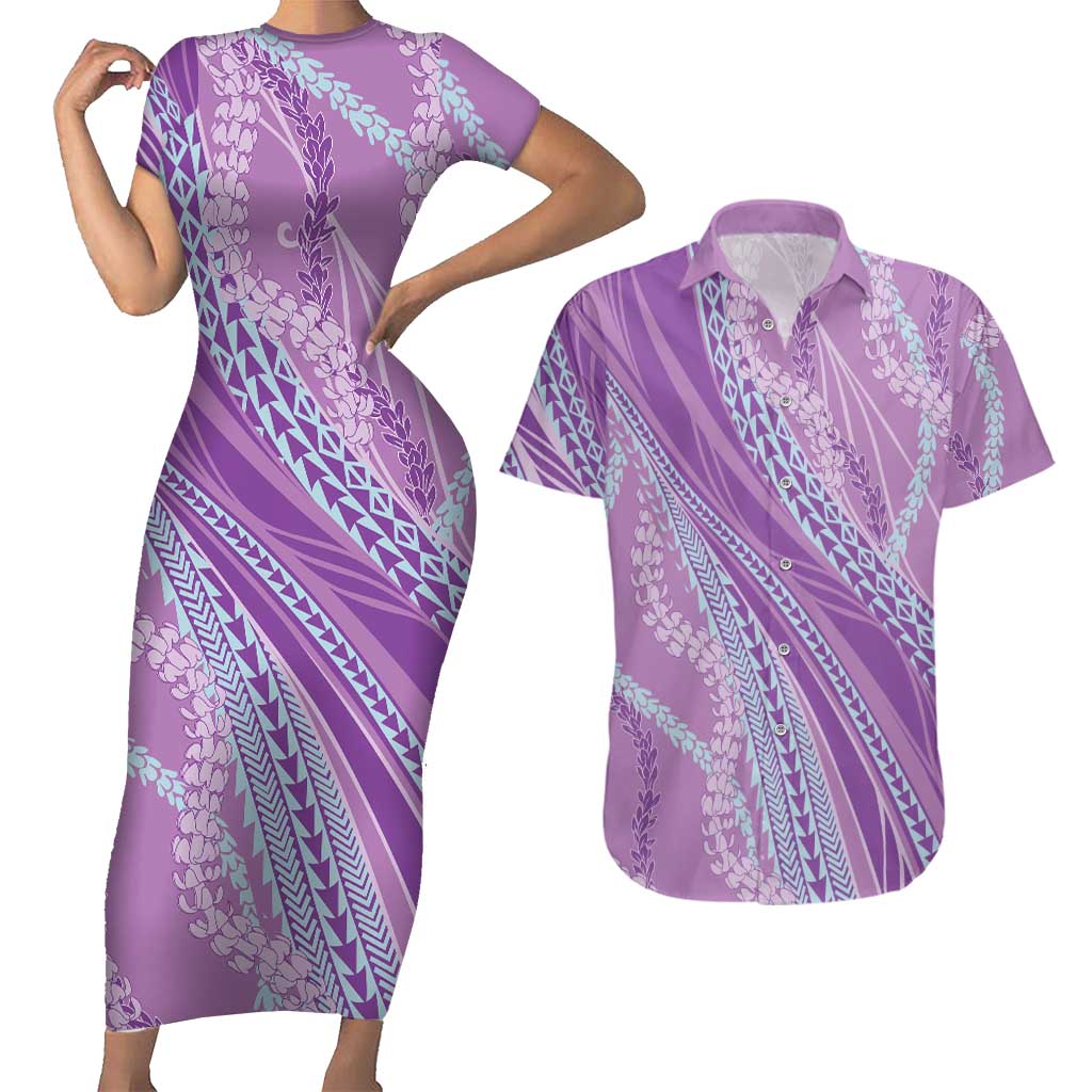 Polynesian Puakeniken Pikake Twisted Lei Couples Matching Short Sleeve Bodycon Dress and Hawaiian Shirt Amethys LT7 Amethys - Polynesian Pride