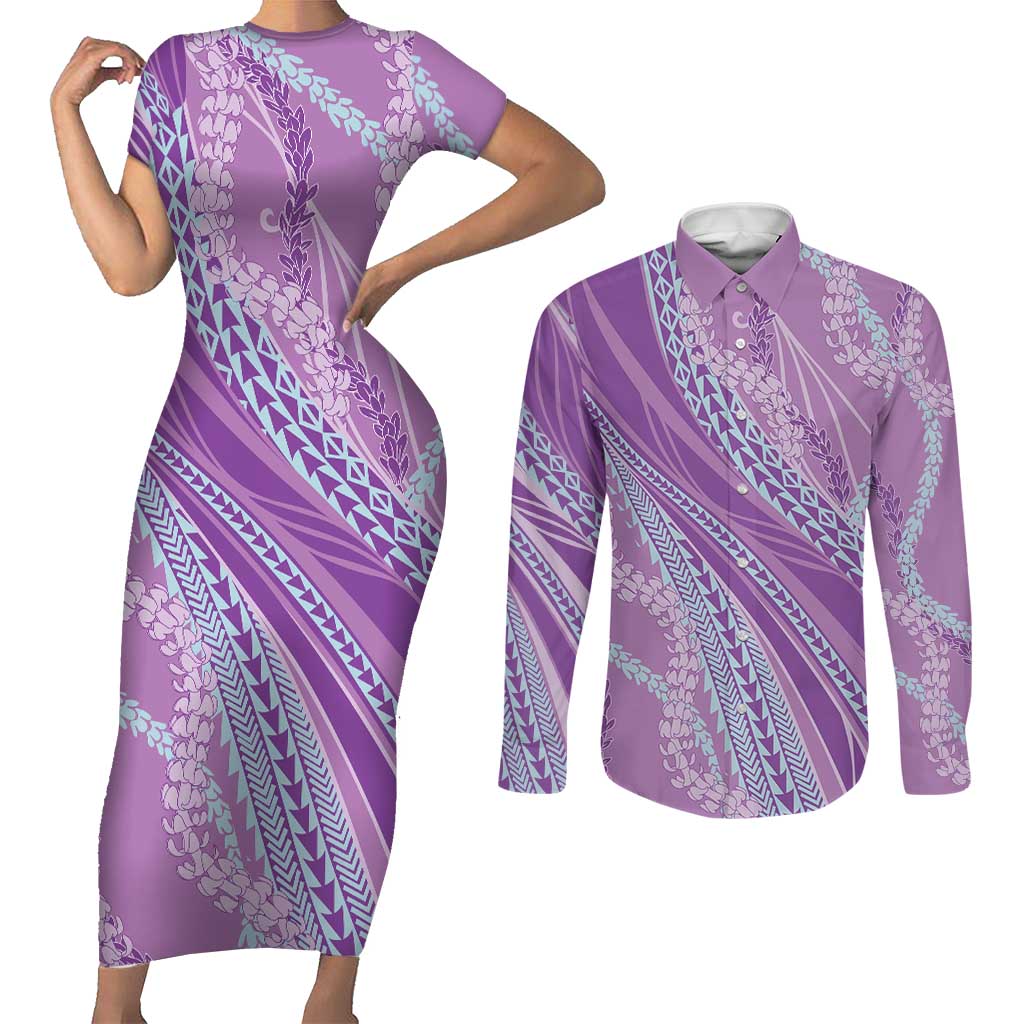 Polynesian Puakeniken Pikake Twisted Lei Couples Matching Short Sleeve Bodycon Dress and Long Sleeve Button Shirt Amethys LT7 Amethys - Polynesian Pride