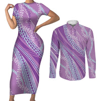 Polynesian Puakeniken Pikake Twisted Lei Couples Matching Short Sleeve Bodycon Dress and Long Sleeve Button Shirt Amethys LT7 Amethys - Polynesian Pride
