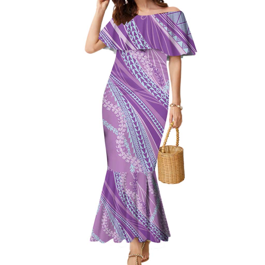 Polynesian Puakeniken Pikake Twisted Lei Family Matching Mermaid Dress and Hawaiian Shirt Amethys LT7 Mom's Dress Amethys - Polynesian Pride