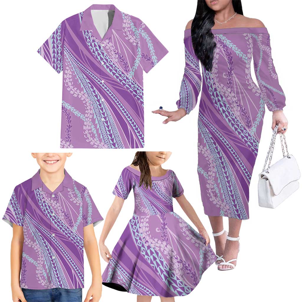 Polynesian Puakeniken Pikake Twisted Lei Family Matching Off The Shoulder Long Sleeve Dress and Hawaiian Shirt Amethys LT7 - Polynesian Pride