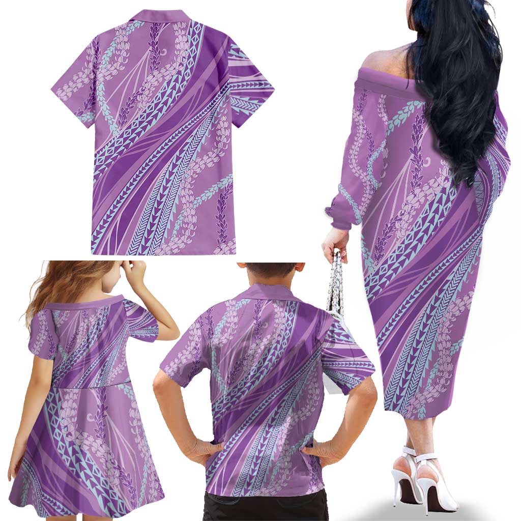 Polynesian Puakeniken Pikake Twisted Lei Family Matching Off The Shoulder Long Sleeve Dress and Hawaiian Shirt Amethys LT7 - Polynesian Pride