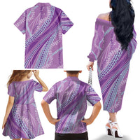 Polynesian Puakeniken Pikake Twisted Lei Family Matching Off The Shoulder Long Sleeve Dress and Hawaiian Shirt Amethys LT7 - Polynesian Pride