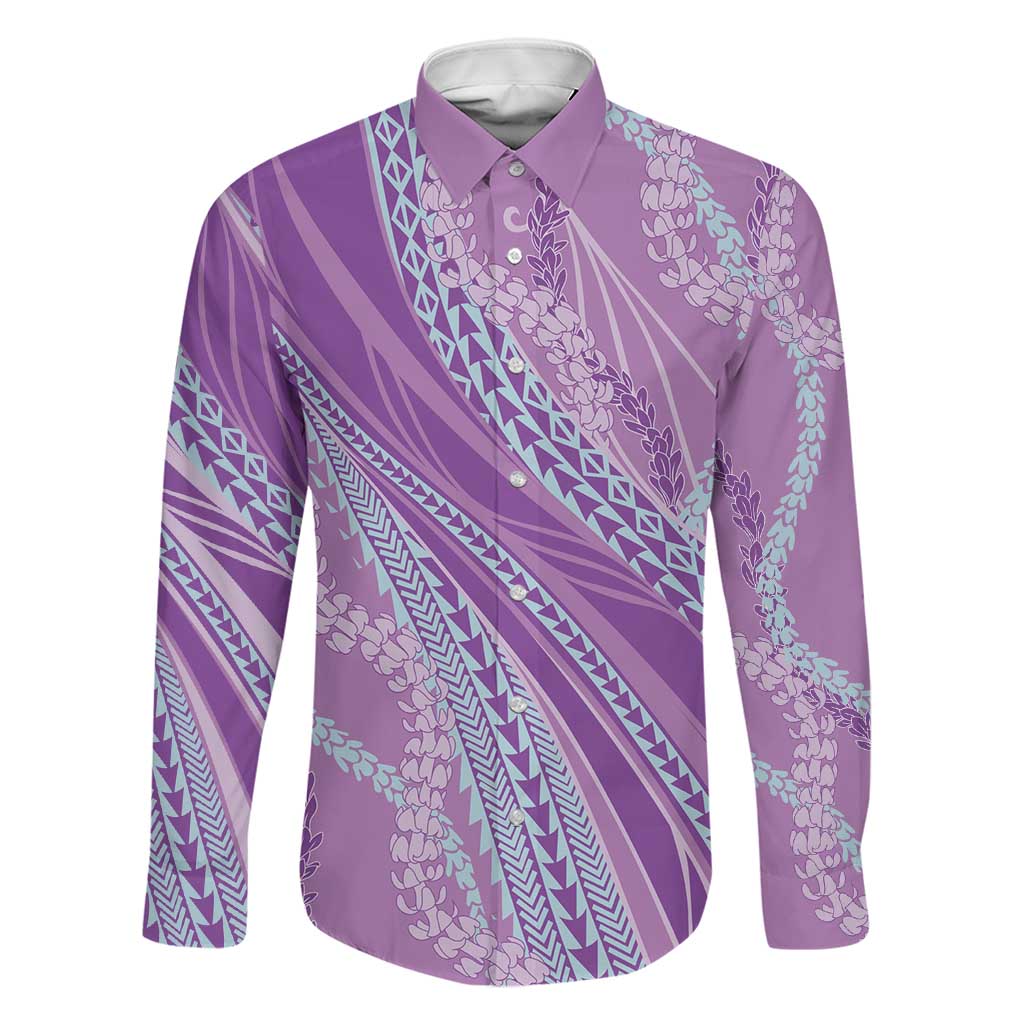 Polynesian Puakeniken Pikake Twisted Lei Family Matching Puletasi and Hawaiian Shirt Amethys LT7 Dad's Shirt - Long Sleeve Amethys - Polynesian Pride