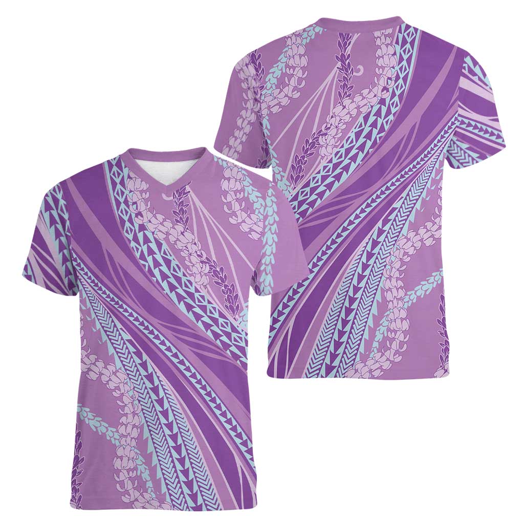 Polynesian Puakeniken Pikake Twisted Lei Women V-Neck T-Shirt Amethys - Polynesian Pride