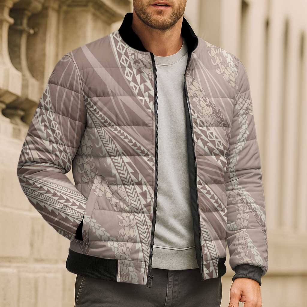 Polynesian Puakeniken Pikake Twisted Lei Bomber Puffer Jacket Beige - Polynesian Pride