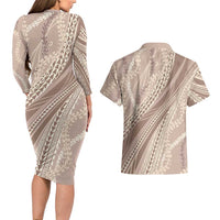 Polynesian Puakeniken Pikake Twisted Lei Couples Matching Long Sleeve Bodycon Dress and Hawaiian Shirt Beige LT7 - Polynesian Pride