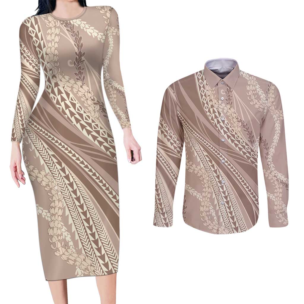 Polynesian Puakeniken Pikake Twisted Lei Couples Matching Long Sleeve Bodycon Dress and Long Sleeve Button Shirt Beige LT7 Beige - Polynesian Pride