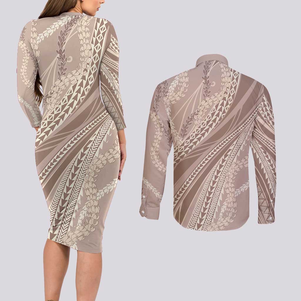Polynesian Puakeniken Pikake Twisted Lei Couples Matching Long Sleeve Bodycon Dress and Long Sleeve Button Shirt Beige LT7 - Polynesian Pride