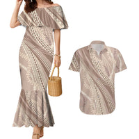 Polynesian Puakeniken Pikake Twisted Lei Couples Matching Mermaid Dress and Hawaiian Shirt Beige LT7 Beige - Polynesian Pride