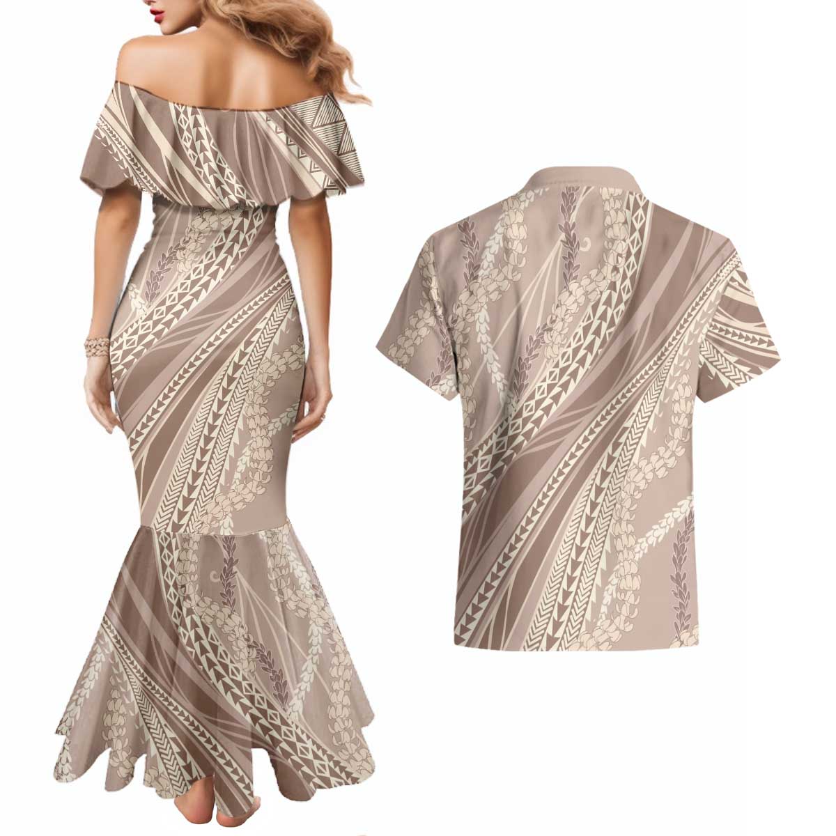 Polynesian Puakeniken Pikake Twisted Lei Couples Matching Mermaid Dress and Hawaiian Shirt Beige LT7 - Polynesian Pride
